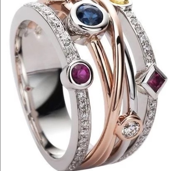 New Two Tone 925 Silver Colorful Diamond Ring - Picture 2 of 3